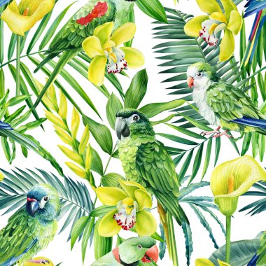 Pattern with tropical bird parrot, palm leaves and flowers, watercolor illustration, floral seamless design. High quality illustration