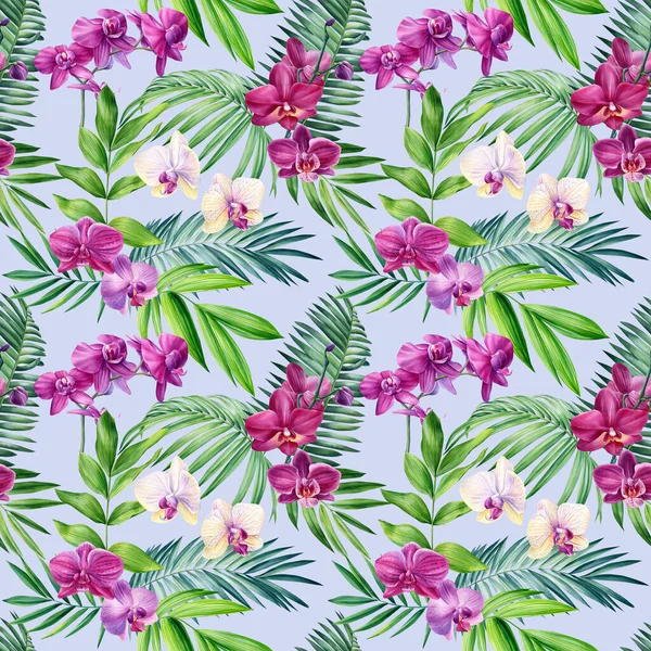 Seamless Pattern Tropical Plants Flowers Green Leaves Watercolor Illustration Botanical — Fotografia de Stock