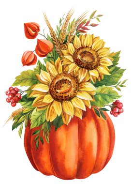 Autumn multicolored bouquet of sunflowers, dry leaves, rowanberry, pumpkins on isolated white background, watercolor illustration, botanical painting, flora design. High quality illustration