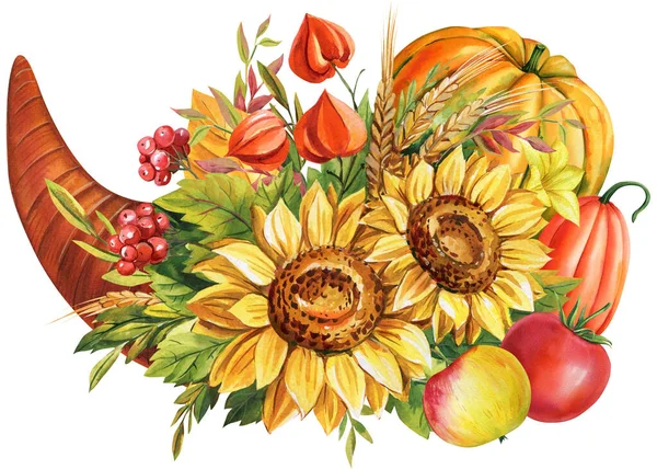 Watercolor Cornucopia Symbol Thanksgiving Sunflowers Dry Leaves Rowanberry Pumpkins White — 스톡 사진