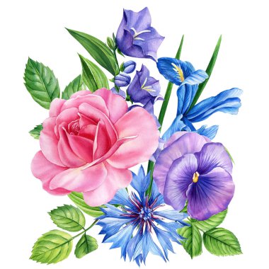 Roses, bluebells, iris and cornflowers. Bouquet Flower isolated white background, watercolor illustration, botanical painting. High quality illustration