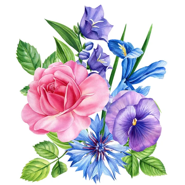 Roses Bluebells Iris Cornflowers Bouquet Flower Isolated White Background Watercolor — Fotografia de Stock