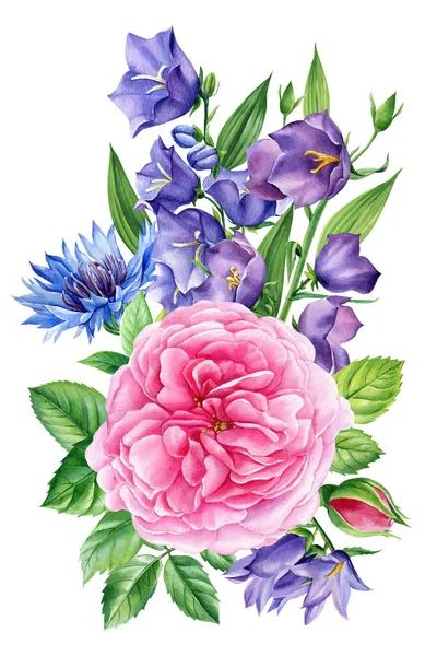 Roses Bluebells Cornflowers Bouquet Flower Isolated White Background Watercolor Illustration — Fotografia de Stock