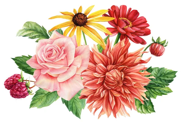 Őszi Virágok Napraforgó Rózsa Dália Zinnia Levelek Kézzel Festett Illusztráció — Stock Fotó