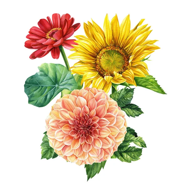 Φθινοπωρινά Λουλούδια Ηλίανθος Ζίνια Ντάλια Και Φύλλα Χειροποίητη Απεικόνιση Ζωγραφική — Φωτογραφία Αρχείου