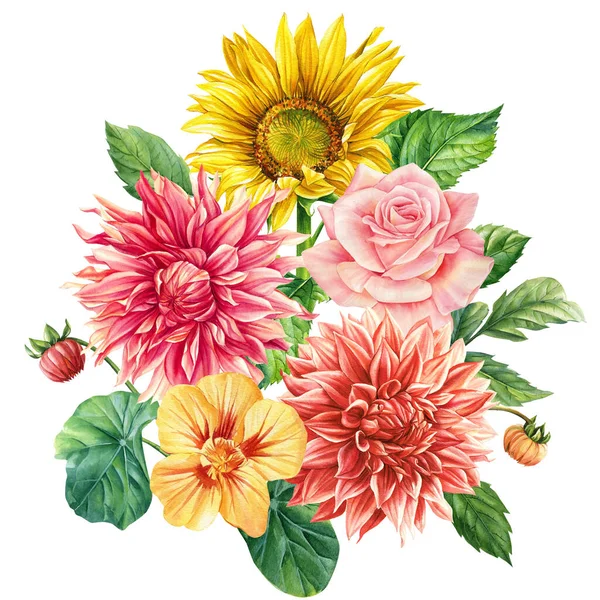 Μπουκέτο Λουλούδια Ηλιοτρόπιο Νεροκάρδαμο Τριαντάφυλλο Ντάλια Και Φύλλα Χειροποίητο Σχέδιο — Φωτογραφία Αρχείου