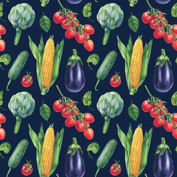 Płynny Wzór Ogórka Warzywnego Karczoch Bakłażan Kukurydza Pomidor Akwareli Wysokiej — Zdjęcie stockowe
