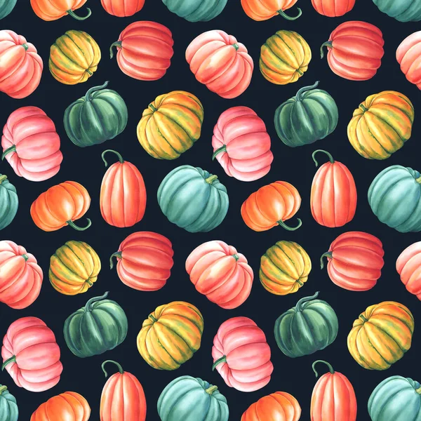 Seamless pattern of vegetables in watercolor. Multicolored pumpkin . High quality illustration