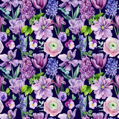 Amonlar, sümbüller, leylak ve laleler, suluboya botanik el çizimleri. Kusursuz desen. Yüksek kaliteli illüstrasyon