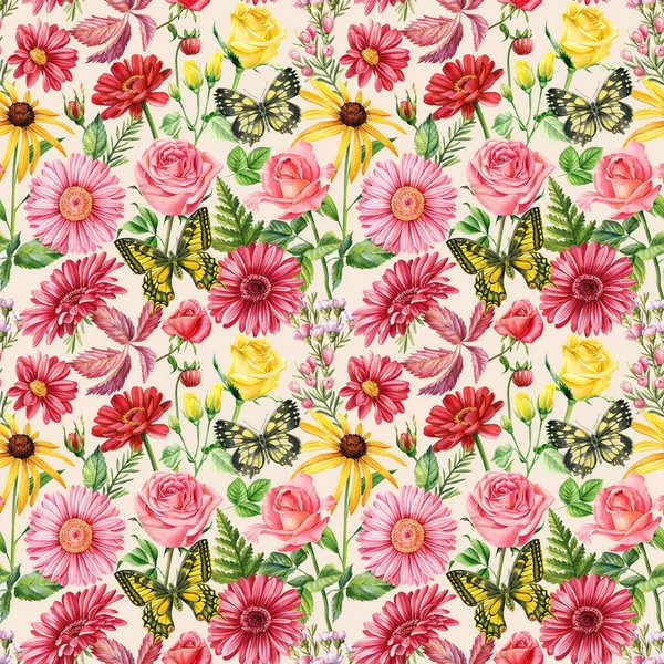 Autumn Flowers Rose Echinacea Red Chamomile Butterfly Seamless Pattern Floral — Stock Photo, Image