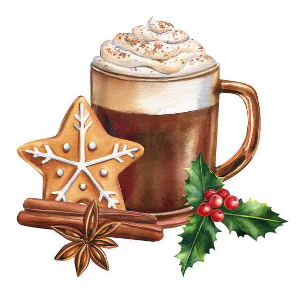 Чашка кофе, пряники, корица, акварель. Зимняя карта, новогодний праздник. Высокое качество иллюстрации