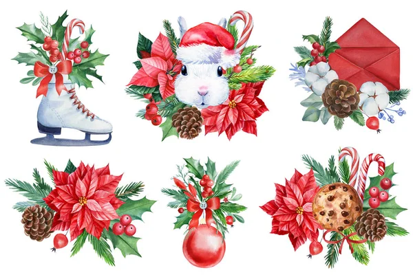Watercolor new year holiday elements. skates, envelope, bunny and poinsettia flowers isolated white background. . High quality illustration