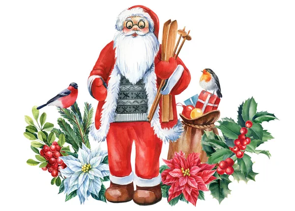 Nieuwjaar Kerstvakantie Kerstman Geïsoleerd Witte Achtergrond Aquarel Illustratie Hoge Kwaliteit — Stockfoto