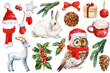 Mutlu Noeller Holly Jolly. Banny Baykuş ve Geyik, suluboya elementler tasarımı. Yüksek kaliteli illüstrasyon