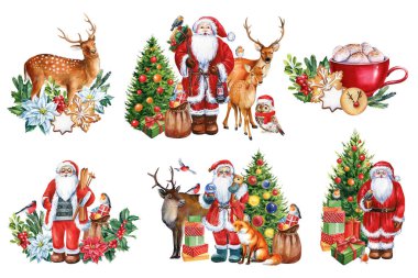 Yeni yıl tatili. Beyaz arka planda izole edilmiş suluboya Noel Baba. Yüksek kaliteli illüstrasyon