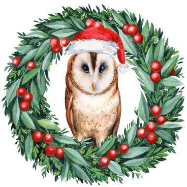Kırmızı Noel Baba şapkalı tavşanlar ve baykuşlar suluboya resim çiziyor. Tatil kartı. Yüksek kaliteli illüstrasyon