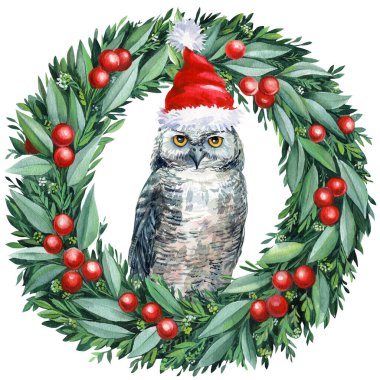 Kırmızı Noel Baba şapkalı tavşanlar ve baykuşlar suluboya resim çiziyor. Tatil kartı. Yüksek kaliteli illüstrasyon