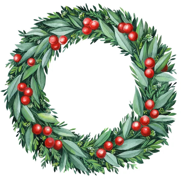 Christmas wreath. Decorated wreath of green branches with red berries, watercolor. High quality illustration