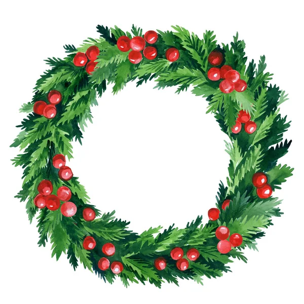 Vánoční Věnec Zdobený Věnec Zelených Větví Červenými Bobulemi Akvarel Vysoce — Stock fotografie