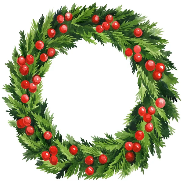 Vánoční Věnec Zdobený Věnec Zelených Větví Červenými Bobulemi Akvarel Vysoce — Stock fotografie