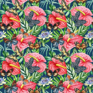 Kelebekleri, yaprakları ve çiçekleri olan kusursuz bir desen. Suluboya. Resim, klasik suluboya tarzı. Tasarımın için şablon. Yüksek kaliteli illüstrasyon