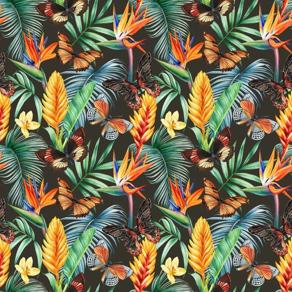 Тропический Бесшовный Рисунок Бабочки Листья Цветы Цветочный Фон Винтажный Стиль — стоковое фото