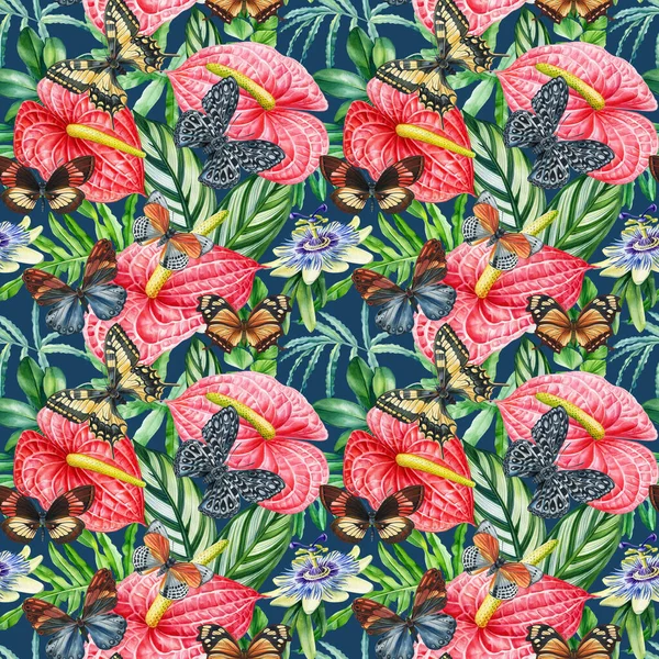Nahtloses Muster Mit Schmetterlingen Blättern Und Blumen Floraler Hintergrund Aquarell — Stockfoto
