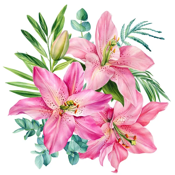 Bouquet with lilies flowers isolated white background, floral Illustration in vintage watercolor style. Flora design. High quality illustration