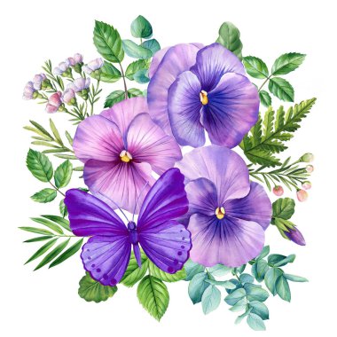 Çiçek ve kelebek desenli buket. Çiçek desenli suluboya resimler. Flora tasarımı. Yüksek kaliteli illüstrasyon