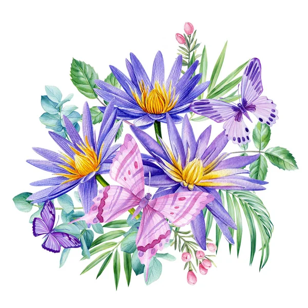Kytice Květinami Motýly Květinové Ilustrace Stylu Vintage Akvarelu Návrh Flóry — Stock fotografie