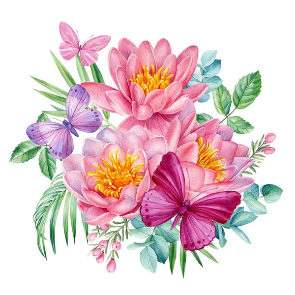 Virágcsokor Pillangók Virágos Illusztráció Vintage Akvarell Stílusban Flora Design Kiváló — Stock Fotó