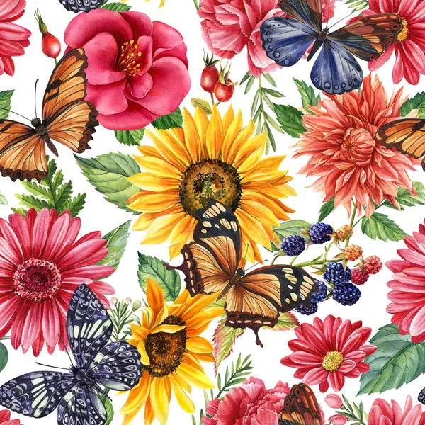Kelebekleri Yaprakları Çiçekleri Olan Kusursuz Bir Desen Suluboya Resim Klasik — Stok fotoğraf