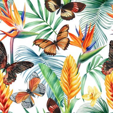 Tropik kusursuz desen. Kelebekler, yapraklar ve çiçekler, çiçek arkaplanı. Klasik suluboya tarzı. Flora tasarımı. Yüksek kaliteli illüstrasyon