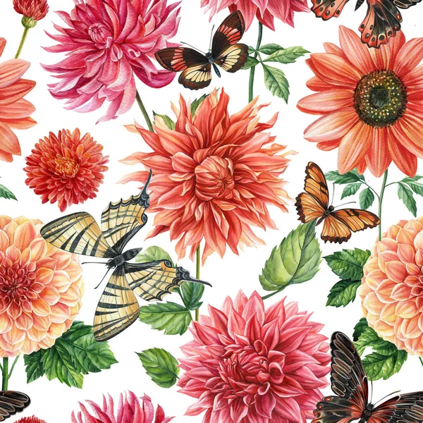 Nahtloses Muster Mit Schmetterlingen Blättern Und Blumen Floraler Hintergrund Aquarell — Stockfoto
