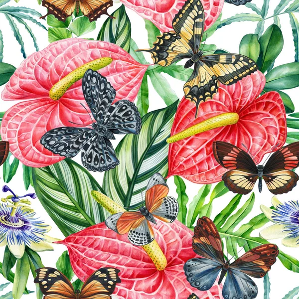 Бесшовный Узор Бабочками Листьями Цветами Цветочным Фоном Акварель Иллюстрация Винтажный — стоковое фото