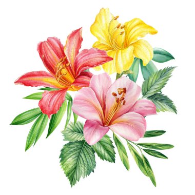 İçinde kelebekler, yapraklar, sarı çiçekler, güller ve ayçiçekleri olan bir buket. Eski suluboya tarzında bir resim. Yüksek kaliteli illüstrasyon