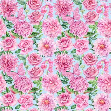 Ortanca, yıldız çiçeği, gül çiçeği ve yaprakların parlak ve pürüzsüz deseni, botanik resimleme. Yüksek kaliteli illüstrasyon