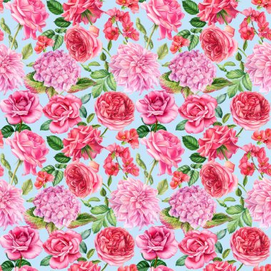 Parlak, pürüzsüz desenli ortanca ve gül çiçekleri, suluboya botanik çizimler. Yüksek kaliteli illüstrasyon