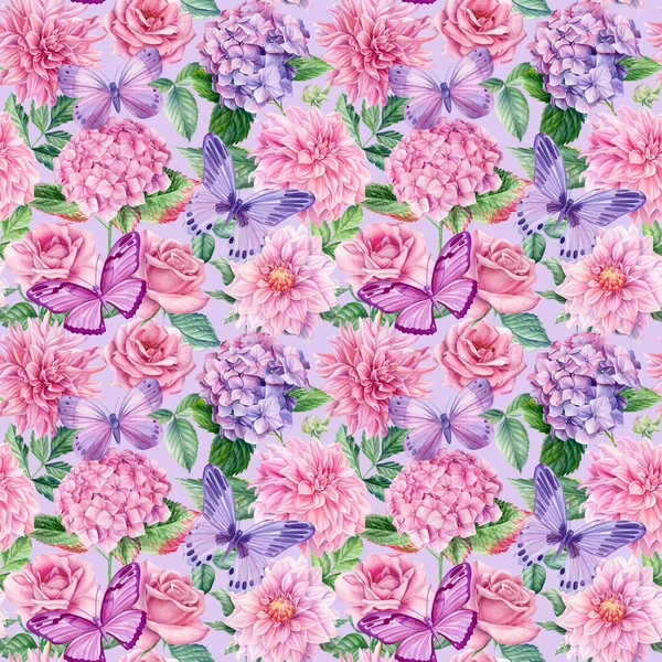 Fényes Zökkenőmentes Minta Levelek Virágok Akvarell Botanikai Illusztráció Kiváló Minőségű — Stock Fotó