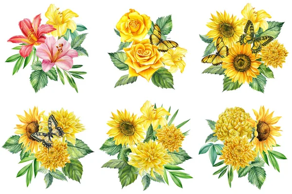 Bukiet Motyli Liści Żółtych Kwiatów Róż Słoneczników Ilustracja Stylu Vintage — Zdjęcie stockowe