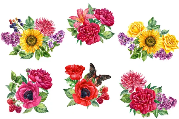 Flores Coloridas Lilás Girassóis Rosas Ilustração Botânica Estilo Aquarela Ilustração — Fotografia de Stock