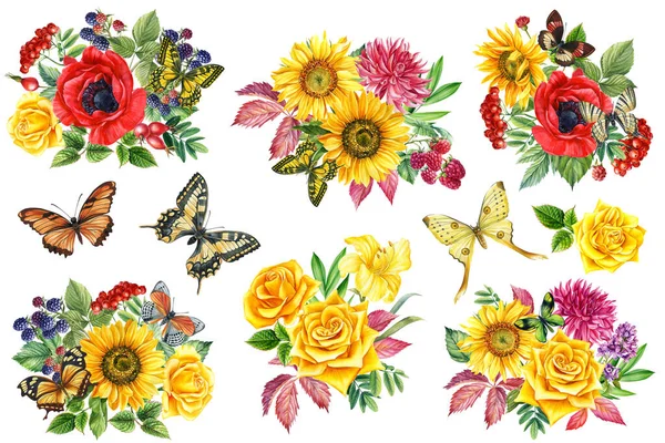 Φωτεινό Μπουκέτο Φύλλα Και Λουλούδια Ακουαρέλα Βοτανική Απεικόνιση Εικόνα Υψηλής — Φωτογραφία Αρχείου