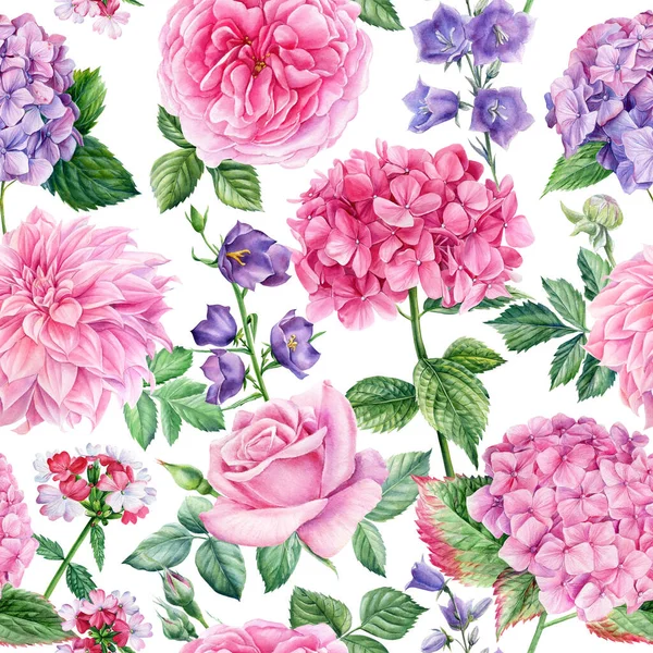 Flora Seamless Pattern Rose Hydrangea Bluebell Flowers Watercolor Botanical Illustration — Stock Photo, Image