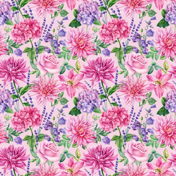 Bright Seamless Pattern Leaves Flowers Watercolor Botanical Illustration High Quality — Stock Photo, Image