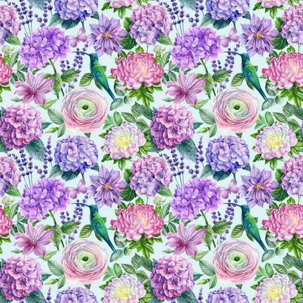 Akvarell Kolibri Och Blommor Botanisk Illustration Blommigt Sömlöst Mönster Högkvalitativ — Stockfoto