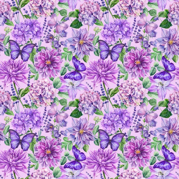 Akvarel Blade Blomster Botanisk Illustration Blomster Sømløse Mønster Høj Kvalitet - Stock-foto