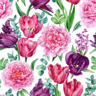 Suluboya yapraklar, çiçekler, botanik çizimler. Çiçeksiz desen. Yüksek kaliteli illüstrasyon