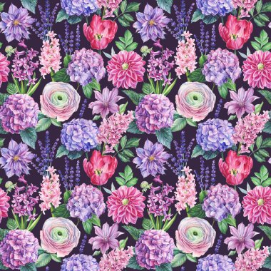 Suluboya bahar çiçekleri, botanik çizimler. Çiçeksiz desen. Yüksek kaliteli illüstrasyon