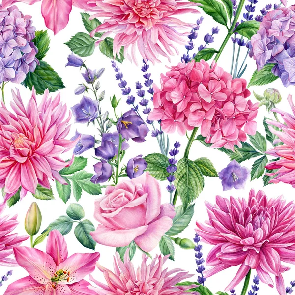 Bright Seamless Pattern Leaves Flowers Watercolor Botanical Illustration High Quality — Stock Photo, Image