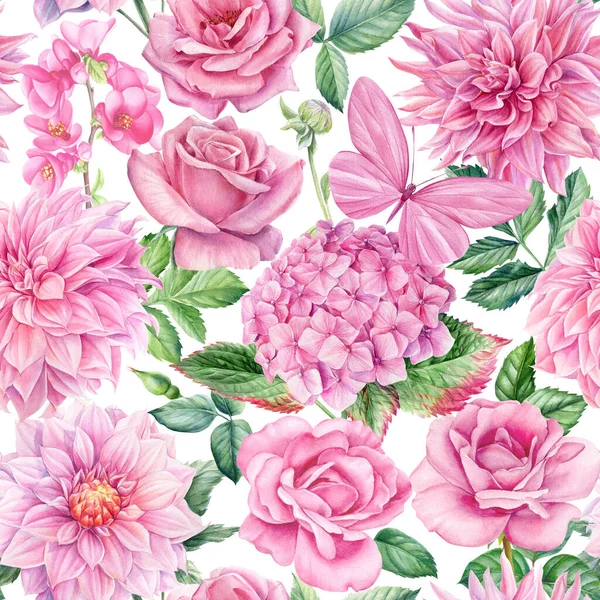 Bright Seamless Pattern Hydrangea Dahlia Rose Flowers Leaves Watercolor Botanical — Stock Photo, Image